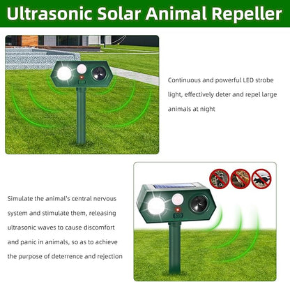 2 Pack Upgraded Solar Ultrasonic Animal Repellent Outdoor Sonic Deer Repellent Devices with Motion Sensor & Flashing Light Effective Cat, Squirrel, Raccoon, Rabbit Deterrent for Yard, Garden