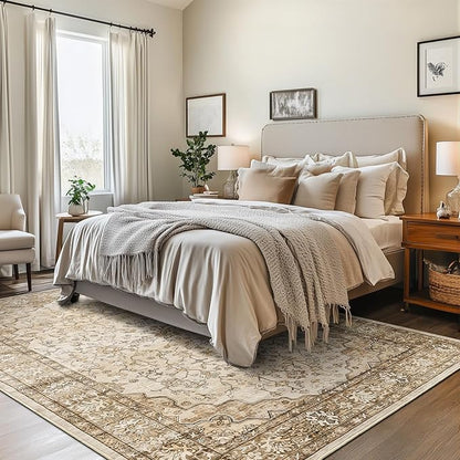 6x9 Area Rugs for Living Room,Machine Washable Low Pile Non Slip Stain Resistant Vintage Euro Floral Boho Desgin Carpet Rug for Bedroom Dining Room Kid's RoomHome Office,Natural Beige