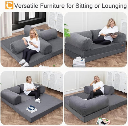 COMAX Futon Sofa Bed, 4-in-1 Floor Foldable Sofa Couch Queen with L-Shaped Armrests, Convertible Folding Chair Bed Sleeper Mattress Fold Out Comfy Lounge for Living Room Bedroom, Grey