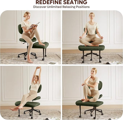 Cross Legged Office Chair with Wheels for ADHD, Ergonomic 360° Swivel Height-Adjustable Meditation Chair for Yoga, Wide Kneeling Chair with Strong Lumbar Support, Teddy Fabric, Green