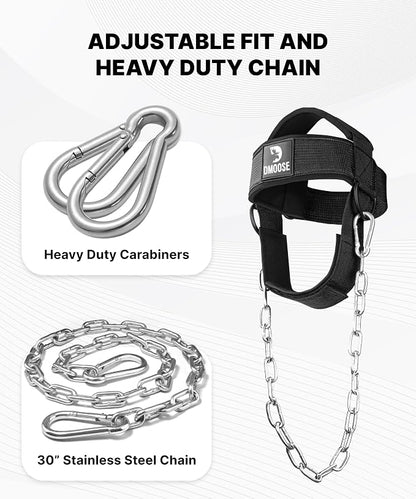 DMoose Fitness Neck Harness for Weight Lifting - Soft Padded Head & Chin Strap with 30" Heavy Duty Steel Chain - Neck Exerciser, Trainer & Strengthener to Support Injury Recovery and Intense Workouts
