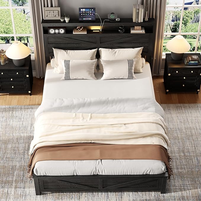 Farmhouse Queen Size Bed Frame with Headboard Storage Shelf, Wood Platform Bed Frame with LED Lights & Charging Station, Rustic Black Metal Bed, No Box Spring Needed, Noise-Free Sturdy Structure