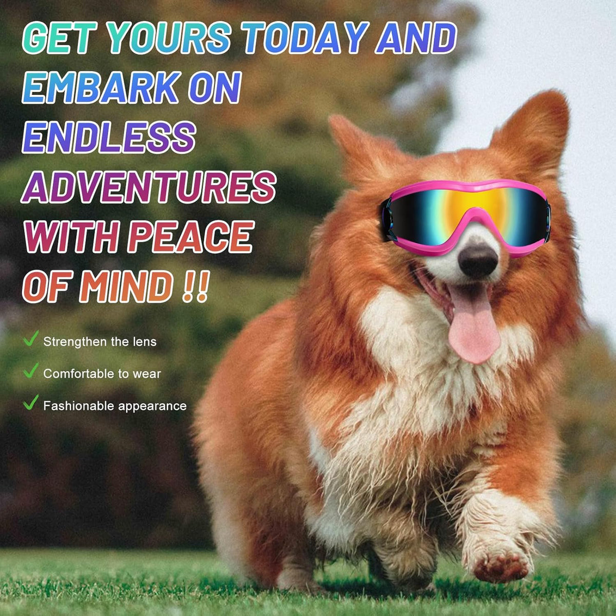 NVTED Dog Sunglasses Goggles, UV Wind Dust Fog Protection Pet Glasses Eye Wear Protection with Adjustable Strap for Medium or Large Dog (Pink)