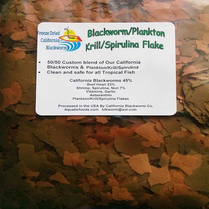 Aquatic Foods Inc. Flakes - 45% California Blackworm & Plankton/Krill/Spirulina Flake Mix for Discus, Cichlids, Tetras, Guppies, Live Bearers, Pond Fish, All Tropical Fish Premium AF Flakes - 2-lbs