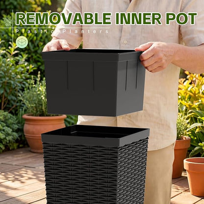 Devoko Resin Tall Planters for Outdoor Plants Set of 2, Large Taper Outdoor Planter Pots with 4 Drainage Holes, Flower Pots Modern Decor for Porch, Patio, Backyard, Home Garden (Black, 30'')