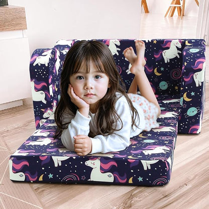 MeMoreCool Kids Folding Couch – Purple Unicorn Toddler Chair, Fold-Out 2-in-1 Sofa Bed Comfy Foam Seating, Washable Cover, Armrests & Side Pocket for Playroom or Nursery Ages 1–3
