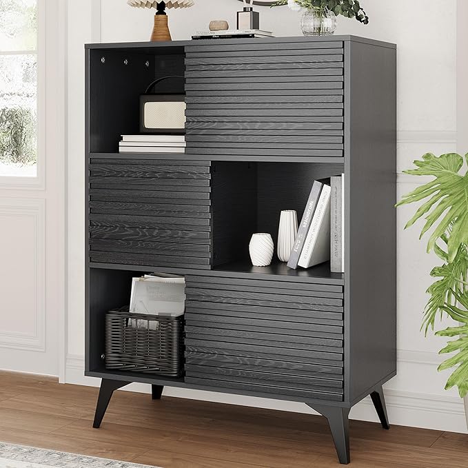IDEALHOUSE Fluted Cabinet with Sliding Doors, Modern Wooden Storage Cabinet