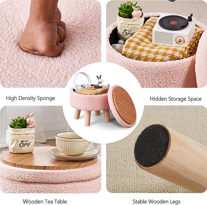 Wimarsbon Storage Ottoman, Modern Round Footrest with Soft Padded Seat, Teddy Velvet Footstool with Wood Legs, Accent Small Table or Plant Stand for Hallway, Living Room (Pink)