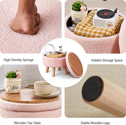 Wimarsbon Storage Ottoman, Modern Round Footrest with Soft Padded Seat, Teddy Velvet Footstool with Wood Legs, Accent Small Table or Plant Stand for Hallway, Living Room (Pink)