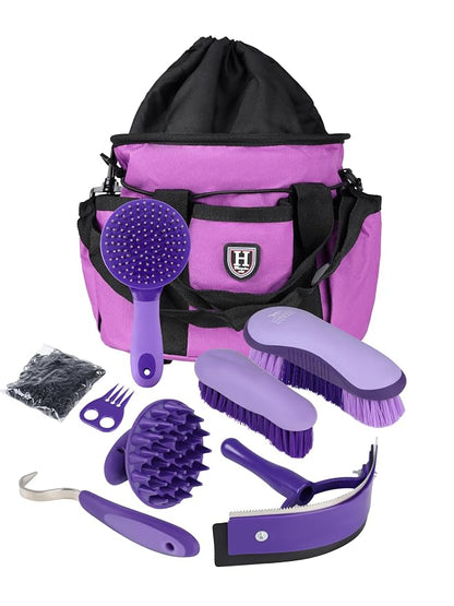 Harrison Howard Horse Grooming Brushes Kit 7 pieces with Organizer Tot Equine Care Series Horse Brush Sets New Purple
