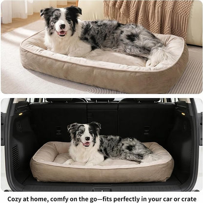 FAIRYPET Deluxe Plush Dog Beds for Medium to Large Dogs, 3D Crimped Siliconized Hollow Fiber Fill，Soft Breathable，Washable Dog Bed, Plush Faux Fur & Corduroy,Durable Pet Bed with Anti-Slip Bottom