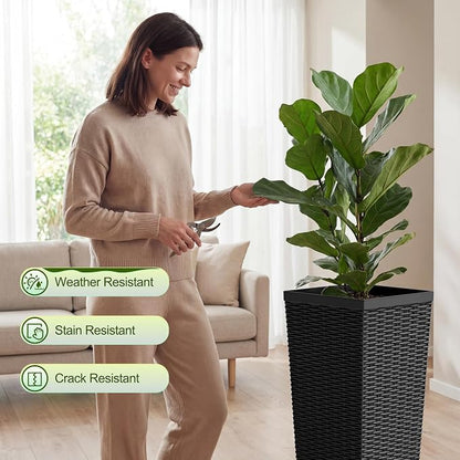 Devoko Resin Tall Planters for Outdoor Plants Set of 2, Large Taper Outdoor Planter Pots with 4 Drainage Holes, Flower Pots Modern Decor for Porch, Patio, Backyard, Garden(Black, 30'' with Trays)