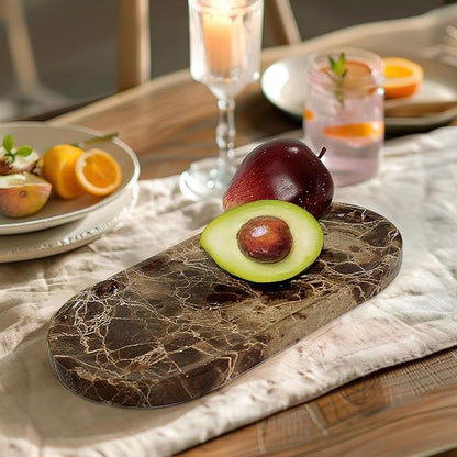 100% Real Natural Marble Tray for Bathroom, Luxury Dark Brown Stone Vanity Tray, Decorative Oval Trays for Countertop Storage, Organizer, Vanity, Dresser, Kitchen, Home Decor, 11.8" x 6", Brown