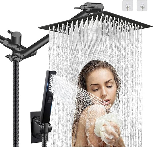 10" High Pressure Square Rainfall Shower Head and 2-in-1 Hand Shower, Rainfall