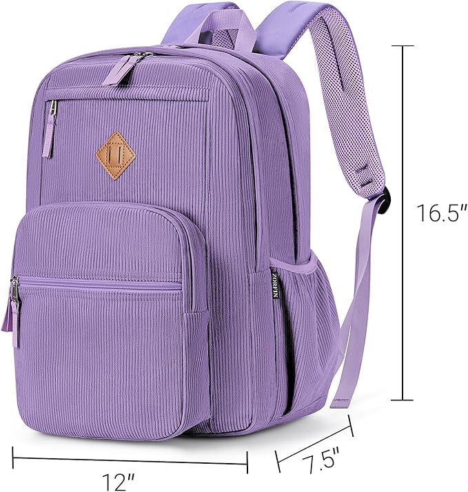 ZORFIN 26L Backpack for College, and Travel: Corduroy Bookbag - Deep Purple