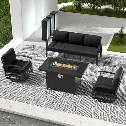 RTDTD Aluminum Outdoor Patio Furniture Set,4 Pieces 5 Seats Patio Conversation Sets with 45" Propane Fire Pit Table,Metal Patio Sectional Furniture Set with 2 Swivel Rocking Chairs,Black