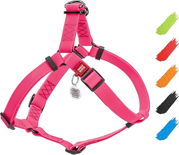WAUDOG Waterproof Dog Harness - Adjustable for Large, Medium & Small Dogs - Heavy Duty with Durable Metal Clasp & QR Dog Tag - Pink (20-32in)