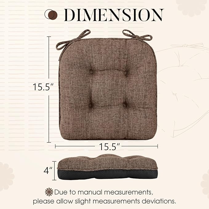 Basic Beyond Chair Cushions for Dining Chairs 4 Pack, Chair Cushion with Ties and Non Slip Backing, 15.5 x 15.5 inches Tufted Chair Pads for Dining Chairs(Brown)