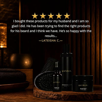 Golden Grooming Co. Beard Care Kit for Men - 5pc Grooming & Growth Set includes Beard Shampoo, Balm, Oil, Wood Comb & Boar Bristle Brush - Men's Self Care Gift Bundle