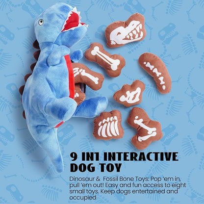 Nocciola Plush Dinosaur Dog Toys: Funny Squeaky Stuffed Dino Chew Toy for Small Medium Breed, Cognitive Enrichment Puzzle Mental Stimulation Training Pet Supplies to Keep Busy, 9 Packs