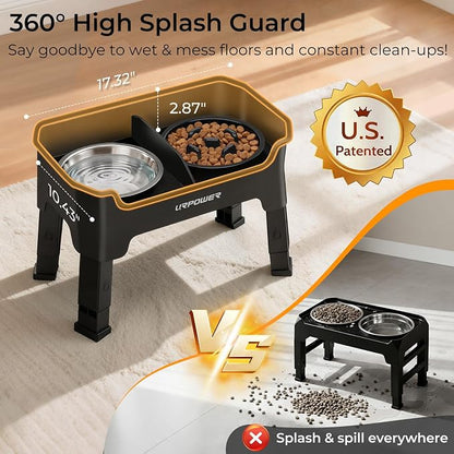 URPOWER Mess Proof Elevated Dog Bowls, High Wall Splash Guard Design, 4 Height Adjustable Raised Bowl Stand with Stainless Steel & Slow Feeder Bowl, Non-Slip Food Water Set for Small Medium Large Dogs