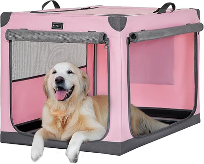 PETSFIT 40" Soft Portable Dog Crate – Patented Spiral Sturdy Frame, Collapsible Travel Kennel for Large Dogs, 3 Mesh Door, Lockable Zippers, Indoor & Car Use Pink