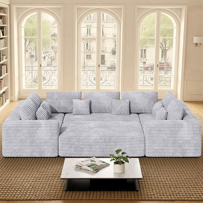 136'' Large Sectional Cloud Couches with Chaise, U Shaped Boneless Sofa Bed with Ottoman, No Assembly Required Deep Seat Modular Lounge for Living Room 4PCS Set, Bedroom(Light Grey)