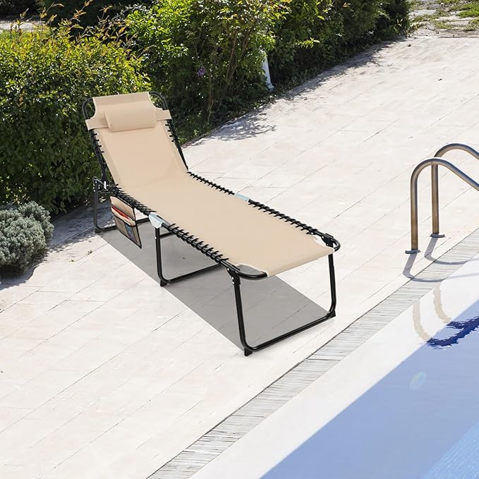 GYMAX Lounge Chairs for Outside, Extra High Folding Beach Tanning Lounger with Adjustable Backrest, Footrest & Removable Pillow, Sunbathing Lounge for Patio, Poolside (2, Sand with Pocket)