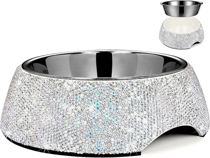 SlowVibes Bling Stainless Steel Dog Cat Bowl, Detachable, 7 oz | Rhinestone metal food or water bowl for small dogs and cats, rust-resistant non-slip puppy dish, sparkle pet essential