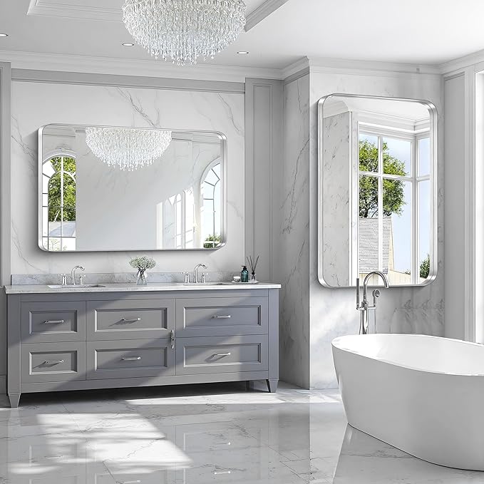 CIRCUMI Silver Bathroom Mirror, Rounded Corner, Tempered Glass, Large Mirror