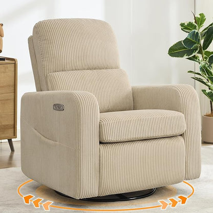 AEMEIOS Swivel Rocker Recliner, Oversized Power Recliner Nursery Glider with Removable Cushion, Upholstered Swivel Reclining Chairs for Nursery Living Room Bedroom, Corduroy Camel