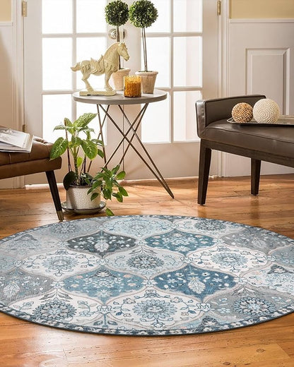 Lahome Moroccan Trellis Round Area Rugs, Washable Small Round Rug 3ft Non-Slip, Soft Vintage Ultra-Thin Circle Carpet for Bedroom Entryway Kitchen Laundry Bathroom, Blue