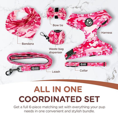 No Pull Harness and Leash Set - 6-in-1 Adjustable Vest Harness and Collars for Medium and Large Dogs. (Military Pink, Small)