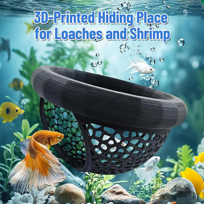 Floating Betta Hide Shrimp Cave, Multi Functional Betta Fish Hammock and Feeding Rings, Provide Safe Resting Places for Bettas, Shrimp and Small Fish, PLA Material (Black)