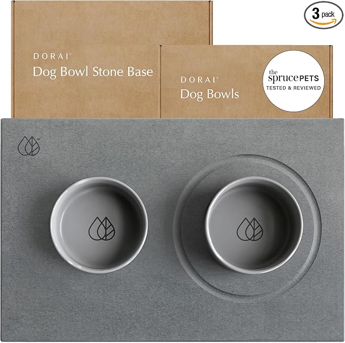 Dorai Home Ceramic Dog Bowls + Stone Drying Mat - Dog Food and Water Bowl Set with Non-Slip Base that Absorbs Spills and Drips - Made with Diatomaceous Earth for Quick Drying - 23.6" x 15.4" - Slate