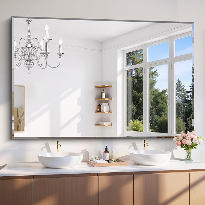 CILIBER 60x40 Large Beveled Mirror, Frameless Beveled Bathroom Mirrors