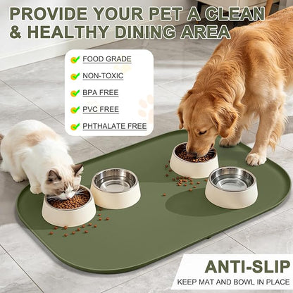 SMILOOL Waterproof Silicone Pet Food Mat with Raised Edge for Dog & Cat | 36" x 24" Non-Slip Large Pet Feeding Mats with Lip for Food & Water Bowl, Food Grade, Easy Cleaning, Light Olive Green