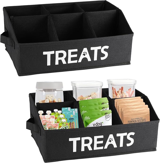 2-Pack Dog Storage Organizer, Collapsible Cat Treats Container with Dividers, Dog Treats Station - Black