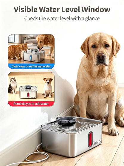 SIBAYS 4Gal/15L Dog Water Fountain for Large Dogs, Stainless Steel Large Pet Water Fountain, Ultra Quiet Automatic Dog Water Bowl Dispenser with Water Level Window and LED Light(FS78, Silver-Grey)