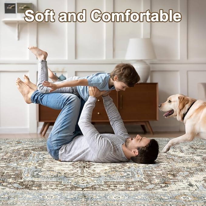 Area Rugs 5x7 - Machine Washable Vintage Oriental Soft Rug, Low Pile Thin Floor Carpet with Non Slip Backing for Living Room, Bedroom,Dorm, Kitchen, Indoor House, Office Rolling Chair
