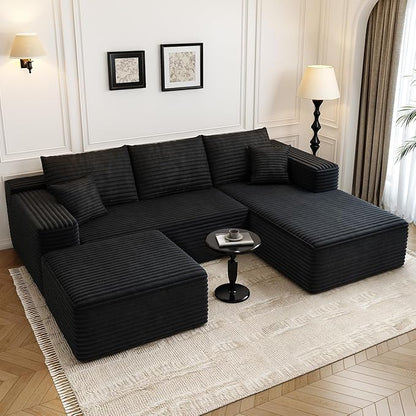 107.5" Cloud Modular Sectional Sofa with 1 Ottoman,Modern Minimalist Upholstered Couches, Comfort U Shaped Sofa for Living Room,Deep Seat Corner Couch，No Assembly Required (Black,Right Facing Chaise)