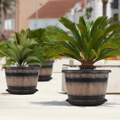 Quarut Large Plastic 4 Pack14 inch Plant Pots,Whiskey Barrel Planters with Drainage Holes & Saucer.Flower Pots Imitation Wine Barrel Design for Indoor & Outdoor Garden Balcony Plants.5 Gallons(Brown)