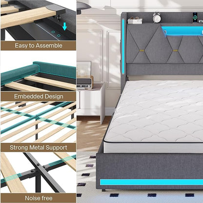 Queen Bed Frame with Headboard, Platform Bed Frame Queen Size with LED Lights & Charging Station, Upholstered Bed Frames with Storage Headboard, No Box Spring Needed, Easy Assembly, Gray