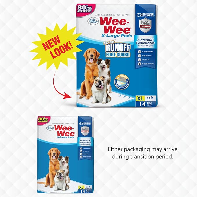 Four Paws Wee-Wee Superior Performance Unscented Extra-Large Pee Pads for Dogs & Puppies, Quilted Leak-Proof Dog Housebreaking Potty Training Floor Protection, 28" x 34", 14 Count