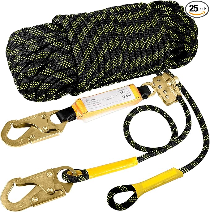 TRSMIMA Rope Harness Safety Lanyard：100ft Roofing Rope Fall Protection | Vertical Safety Harness Rope With Grab Snap Hooks Shock Absorber - Tree Climbing Line Kit Heavy Duty Safety Equipment ANSI CE