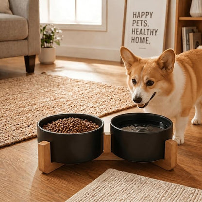 SPUNKYJUNKY Ceramic Dog and Cat Bowl Set with Wooden Stand, Modern Cute Weighted Food Water Set for Small Size Dogs (13.5OZ) & Medium Sized Dogs (28.7OZ) & Cats (3.6 Cups, 2 × Black)