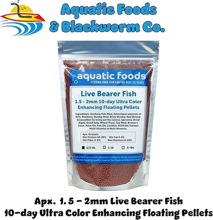 Aquatic Foods Inc. Live Bearer Ultra Red Color Enhancing 1.5mm-2mm Floating Pellets. Color Enhancing in 10-Days for Swordtails, Platies, All Live Bearers…1/2-lb Bag