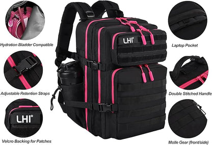 LHI Military Tactical Backpack for Men and Women 45L Army 3 Days Assault Pack Bag Large Rucksack with Molle System - Black with red zipper