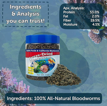 Aquatic Foods Inc. Bloodworms, Grade A Freeze Dried Floating Bloodworms for Cichlids, Discus, Goldfish, Bettas, Angel Fish, Marine Fish, 12-Type Pellet Mix & 4-Type Wafer Mix Included..4.6oz Canister