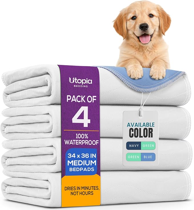 4 Pack Washable Pee Pads for Dogs 34" x 36", Waterproof Dog Training Pads | Reusable Dog Training Pads for Sofa, Incontinence Bed Pads for Adults, Elderly and Kids (White,Blue) by Utopia Bedding